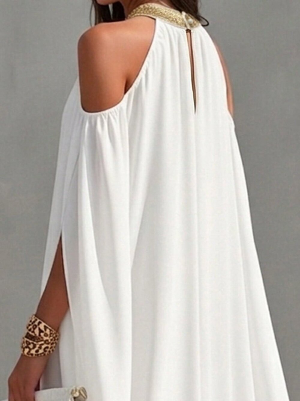 White Boho Women's Cold Shoulder Sequin Decor V-Neck Slit Long Sleeve Dress - Picture 4 of 5